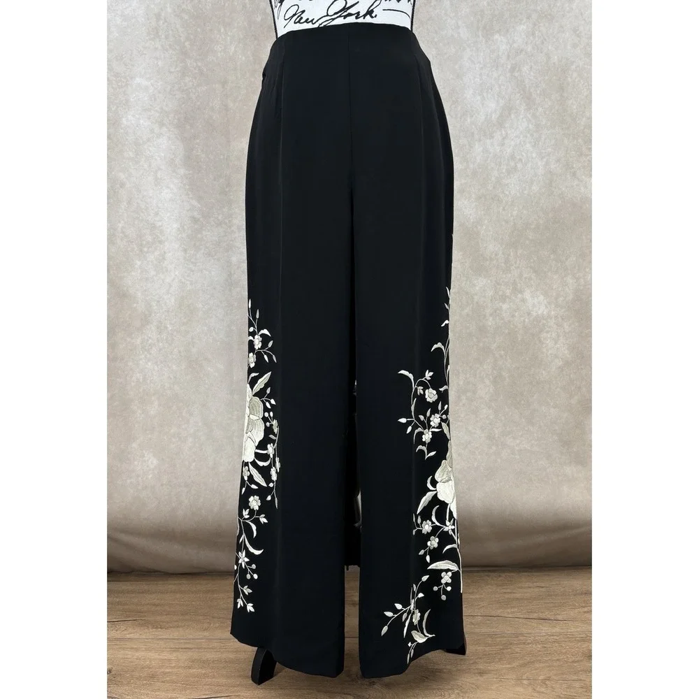 Lafayette 148 New York Embroidered Floral Wide Leg Pants Size 6‎ Black Ivory